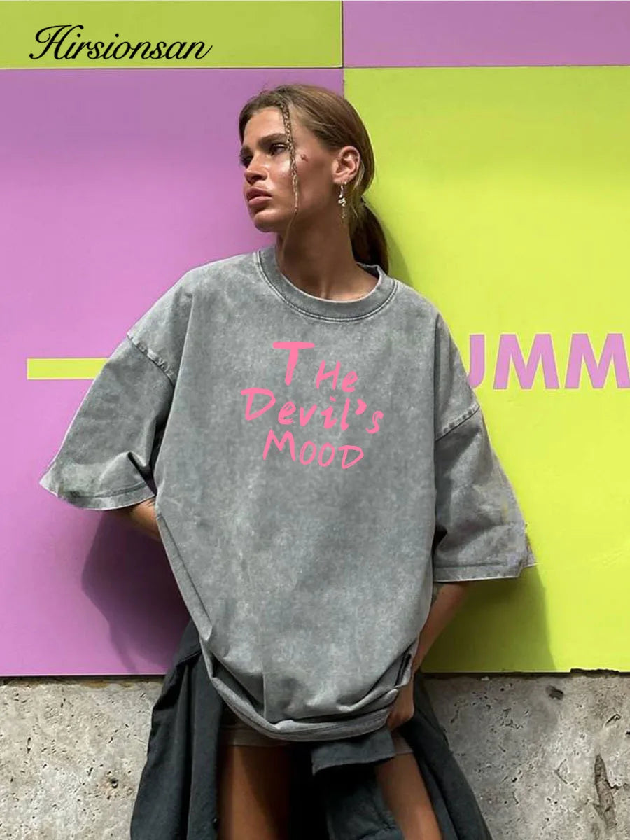 Acid Washed T Shirt Women Vintage Cotton T-shirts Streetwear Soft Mineral Tees Girl Loose Letter Print Tops Y2k
